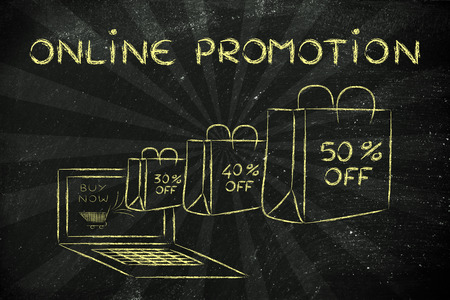 Online Promotion, illustration with shopping bags coming out of a computer screenの写真素材