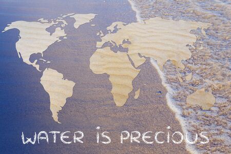water is precious: map of the world with desert sand patternの写真素材