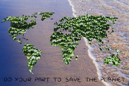 ecology, green economy and environmental awareness: green leaves world on ocean backgroundの写真素材