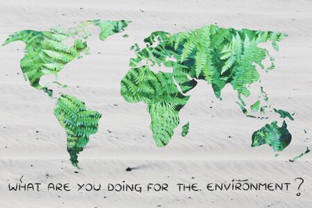 what are you doing to save the planet? world map with sand background (no water)の写真素材