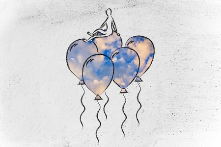 win over stress and anxiety, metaphor of person flying on balloons with sky fillの写真素材