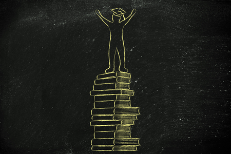education and school goals: happy person with graduation cap on top of pile of booksの写真素材