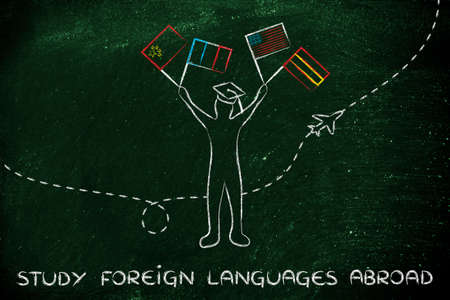 person holding flags and airplane flying in the background, concept of studying foreign languagesの写真素材