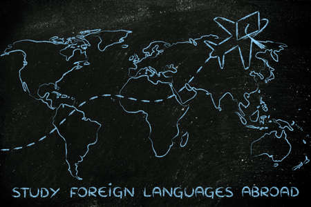 airplane with graduation hat flying above world map, study foreign languages abroadの写真素材