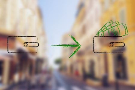 how to save more (or earn more): illustration with wallet becoming fullの写真素材