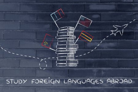 pile of books with flags and airplane flying in the background, studying foreign languages abroadの写真素材