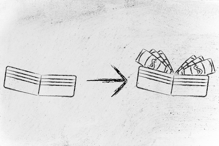 saving money: illustration with wallet going from empty to full of dollarsの写真素材