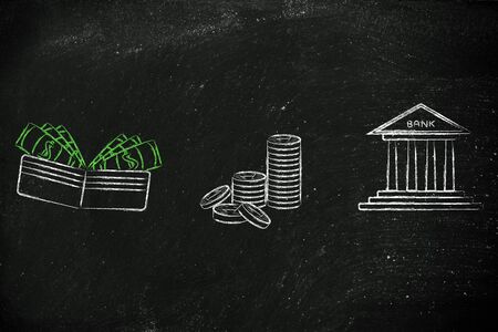 earning, saving and investing: illustration with wallet, coins and bankの写真素材