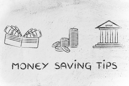 money saving tips: illustration with wallet, coins and bankの写真素材