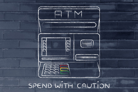 finance and banking services: design of an atm bank with text Spend with cautionの写真素材