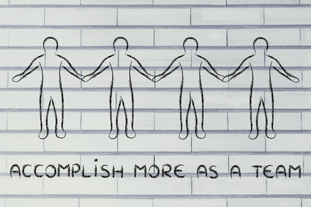 accomplish more as a team: group of people standing together holding handsの写真素材