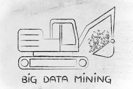 concept of big data mining: funny digger extracting data in form of binary codeの写真素材