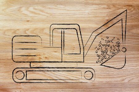 concept of data mining: funny digger extracting data in form of binary codeの写真素材