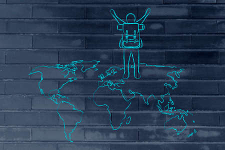 travelling and backpacking: person with backback walking on a world mapの写真素材