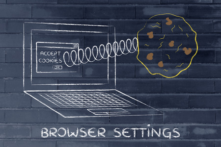 cookies and browser settings: pop-up message with cookie coming out of a computerの写真素材