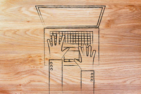 office life and working on computer: flat style illustration of hands typing on a laptopの写真素材