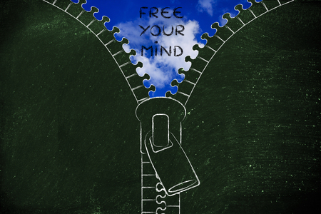 free your mind metaphor: illustration of zip revealing a serene skyの写真素材