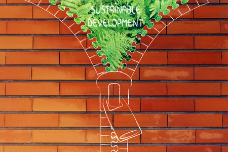 concept of sustainable development: illustration of zip revealing a fern leaves backgroundの写真素材