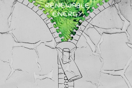concept of renewable energy: illustration of zip revealing a fern leaves backgroundの写真素材