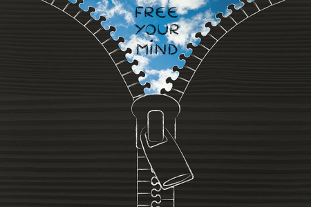 free your mind metaphor: illustration of zip revealing a serene skyの写真素材
