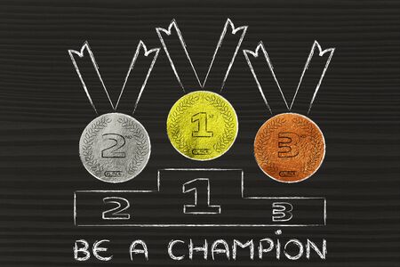 gold, silver and bronze medals on podium, concept of being a championの写真素材