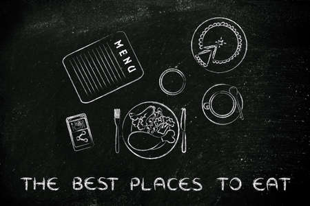 the best places to eat: table with menu, meal, pie, phone and coffee (flat illustration)の写真素材