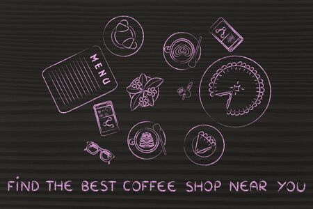 find the best coffee near you: table with latte art cups, bakery and pie (flat illustration)の写真素材