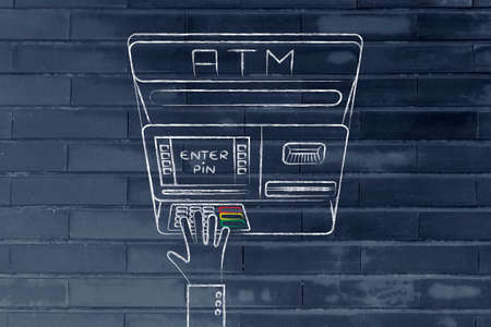 hand typing pin code on automatic teller machine, concept of money and expensesの写真素材