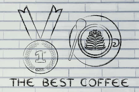 the best coffee: cappuccino cup with latte art next to first place gold medalの写真素材