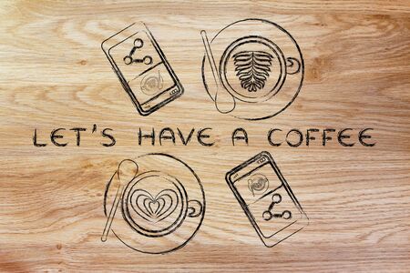let's have a coffee: cups with latte art and smartphones with picture to share (flat illustration)