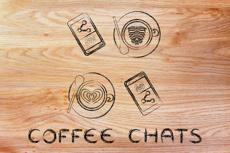coffee chats: cups with latte art and smartphones with picture to share (flat illustration)