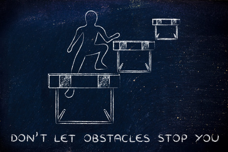 concept of not letting obstacles stop you: person jumpying over a series of obstaclesの写真素材