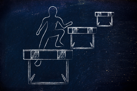 concept of overcoming troubles: person jumpying over a series of obstaclesの写真素材