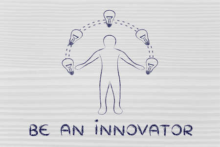 be an innovator: man juggling ideas (lightbulb illustration)の写真素材