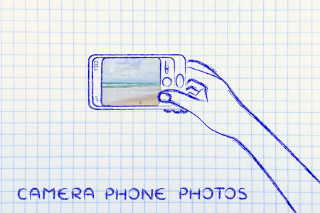 camera phone photos: person using smartphone to take a beach photoの写真素材