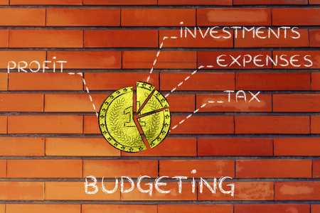 budgeting: golden coin split into slices with financial elementsの写真素材