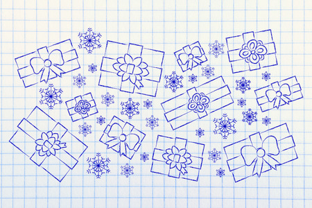 illustration with Christmas or birthday gifts and snowflakes wrapped upの写真素材