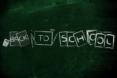 set of books and textbooks composing the text Back to school, flat chalk outline illustration