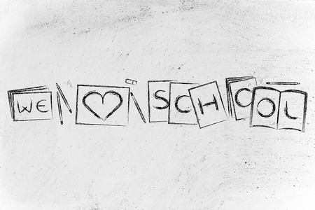 set of books and textbooks composing the text We love school, flat chalk outline illustrationの写真素材