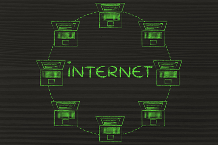 internet inspired illustration with laptops connected to each other in a circle-shaped networkの写真素材