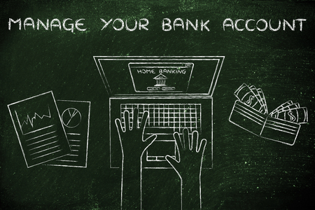 manage your bank account: home banking user typing on his laptop, with wallet and statsの写真素材