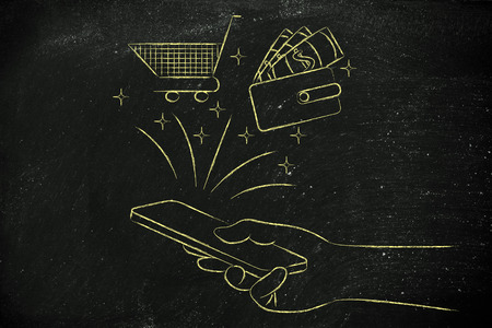 smartphone with cart and wallet coming out of the screen, concept of online shoppingの写真素材
