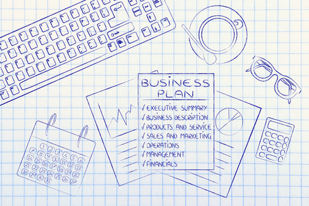 business plan with detailed elements on office desk with mixed objectsの写真素材