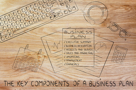 key component of a business plan: illustration of an office desk with detailed documentsの写真素材