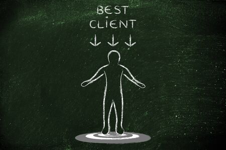 targeting and market positioning: customer on target with a Best Client sign above his headの写真素材