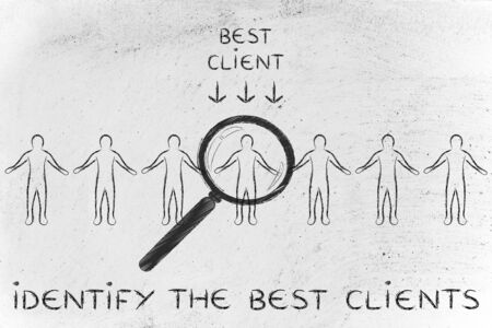 identify the best clients: person in a crowd with magnifying glassの写真素材