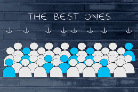 The best ones: crowd with selected people in blue pointed at by arrowsの写真素材