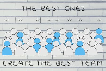 The best team: crowd with selected people in blue pointed at by arrowsの写真素材