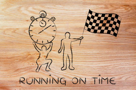 running on time: men with oversized stopwatch and chekered flag