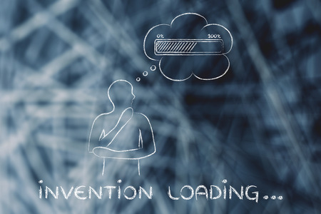 Invention loading: person thinking with hand on his chin & progress bar in a thought bubble
